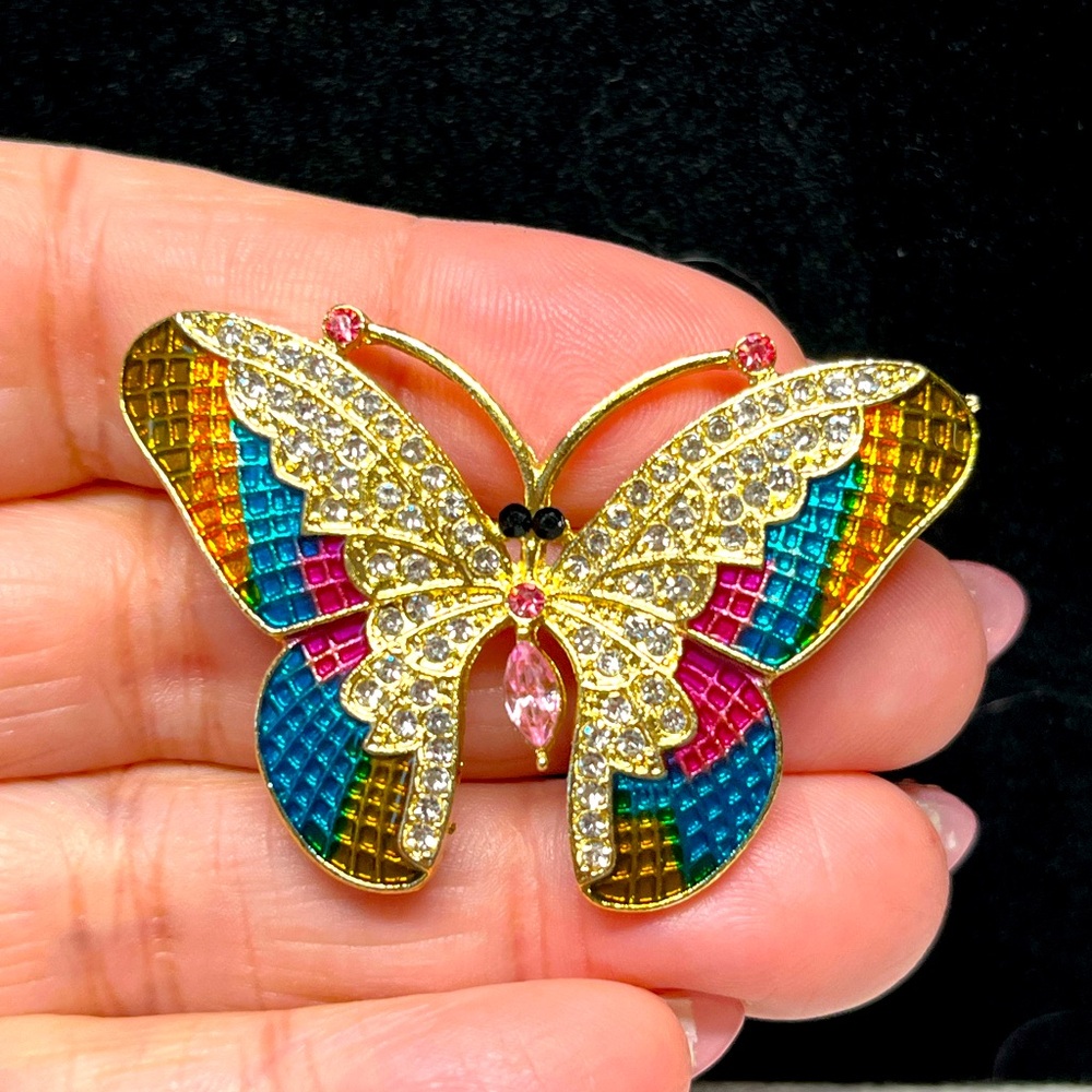 Pretty multicoloured rhinestone butterfly brooch
